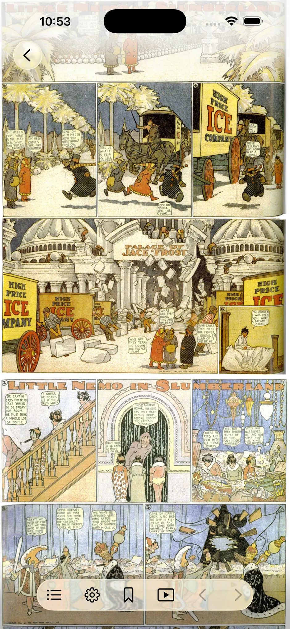 漫画页：一整页彩色报纸连载，上下连着翻